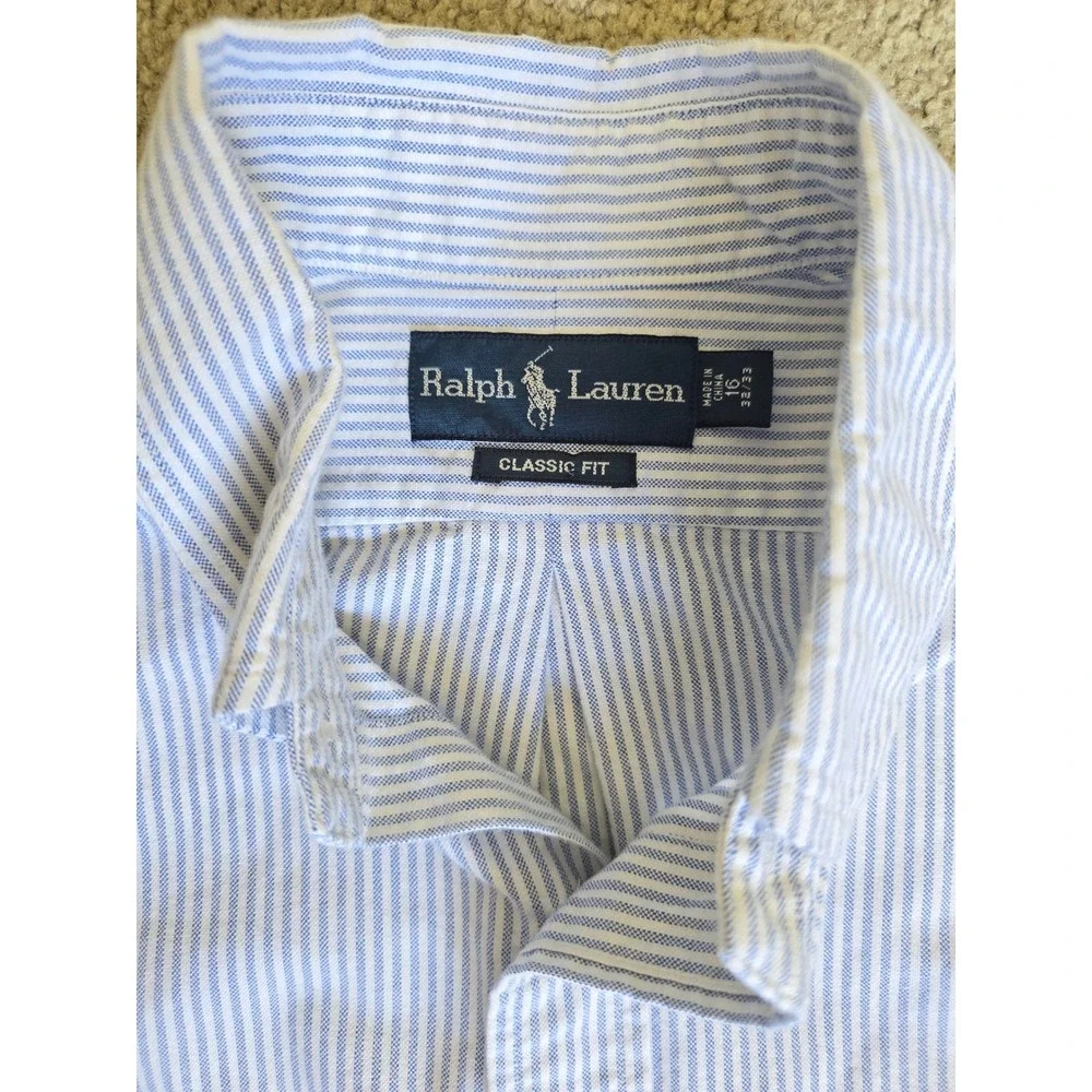 Ralph Lauren Classic Fit Blue White Striped Button Down‎ Shirt 16 32/33 Mens Lg